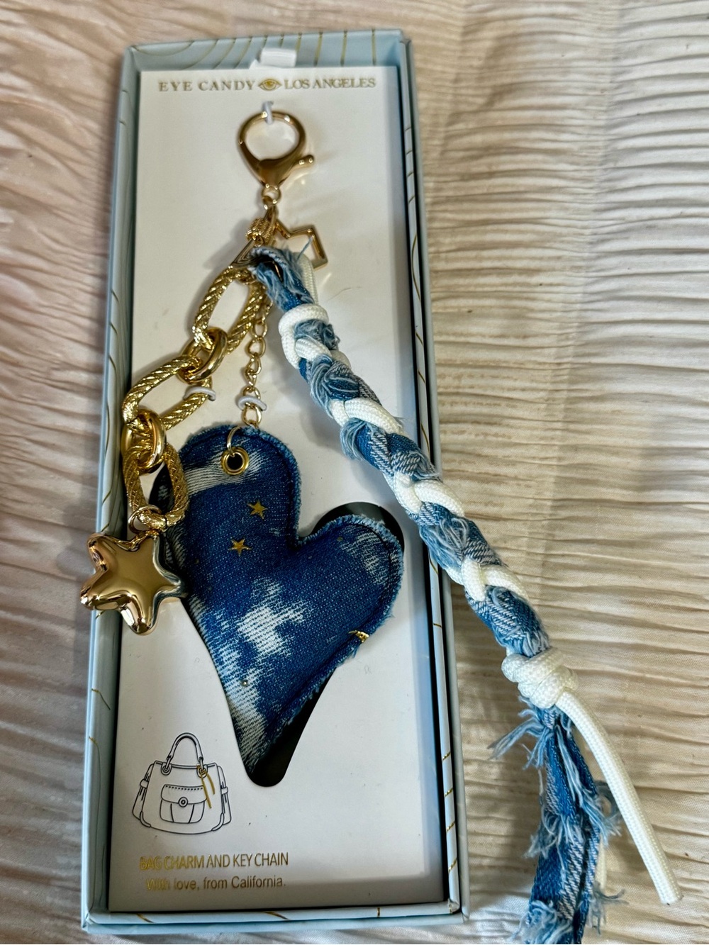 Denim Heart Keychain, Purse Charm - Blue & White